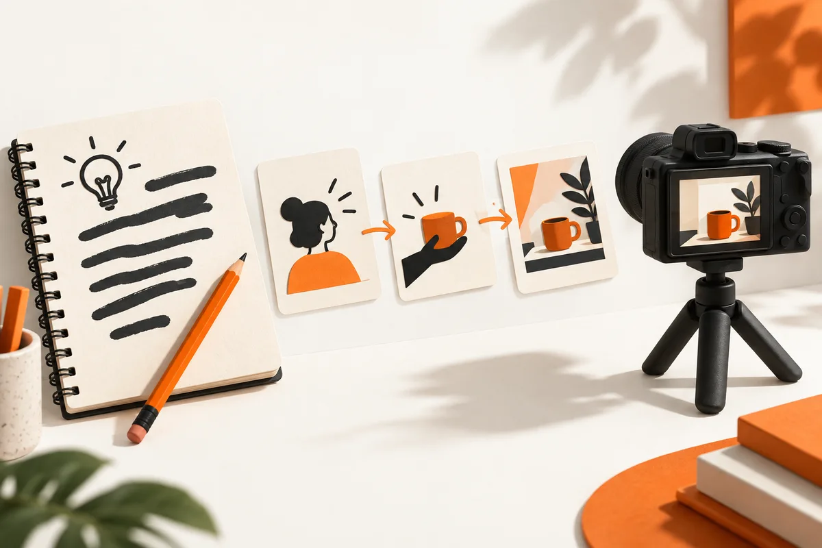 A script notebook leads to a storyboard and a camera ready to film.
