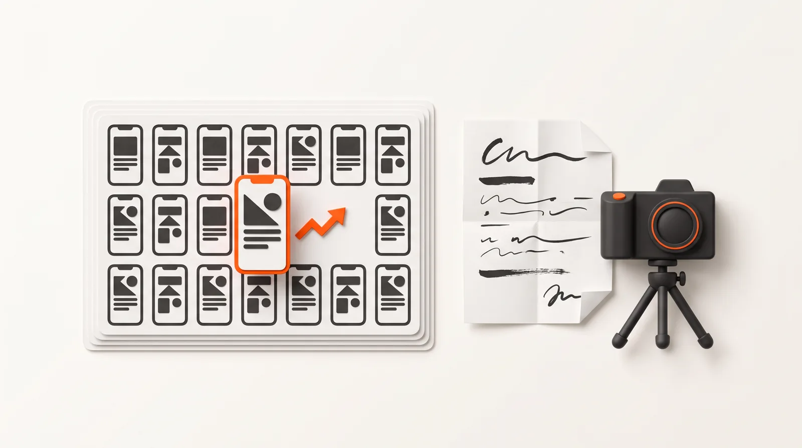 A grid of short videos with one outlined in orange beside a rising arrow, and a script sheet next to a camera on a tripod.