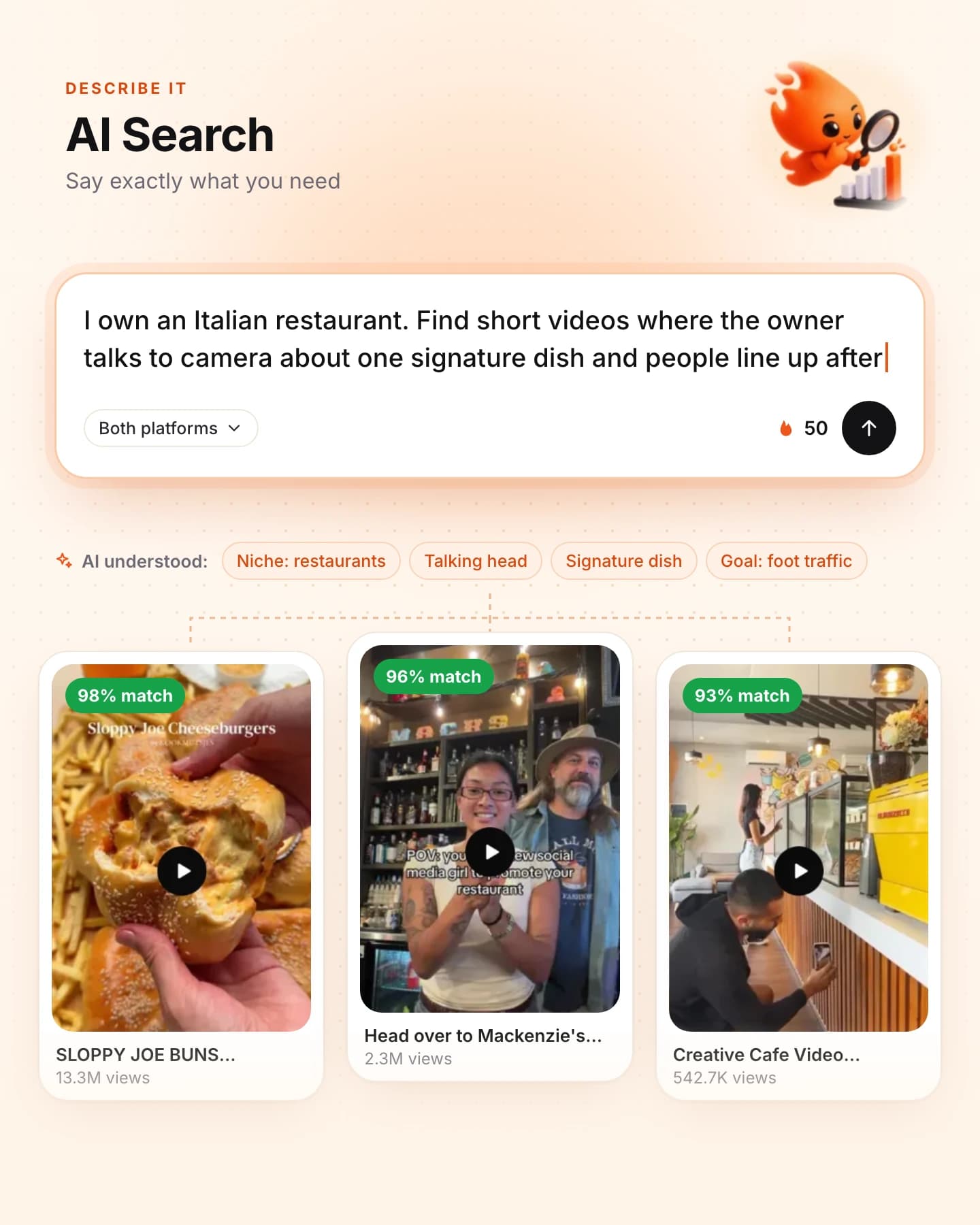 Product preview: an AI search brief for an Italian restaurant and matching short videos.