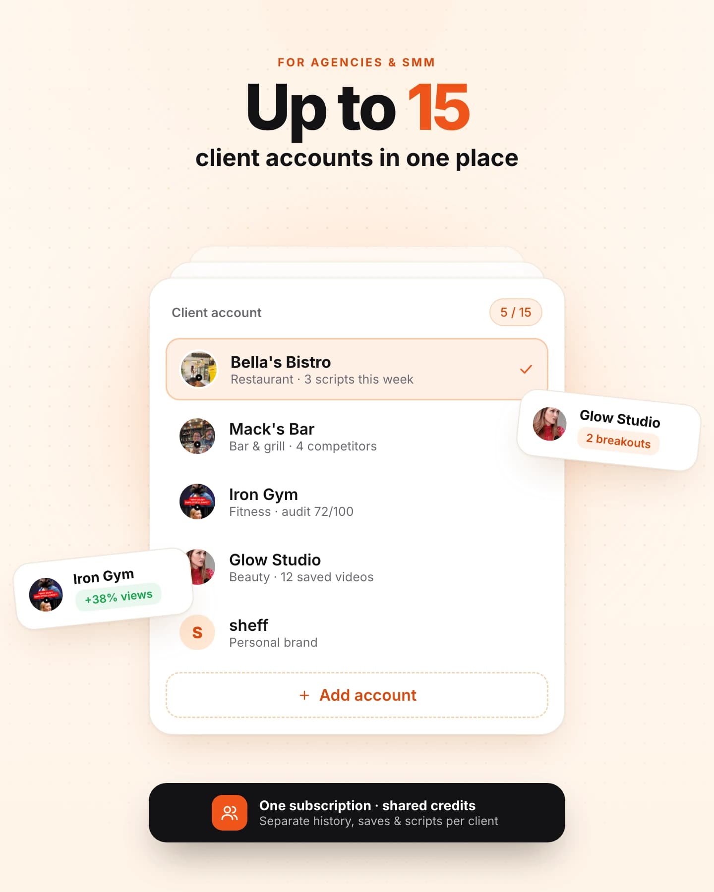 Product preview: switching between client workspaces while sharing a subscription's credits.