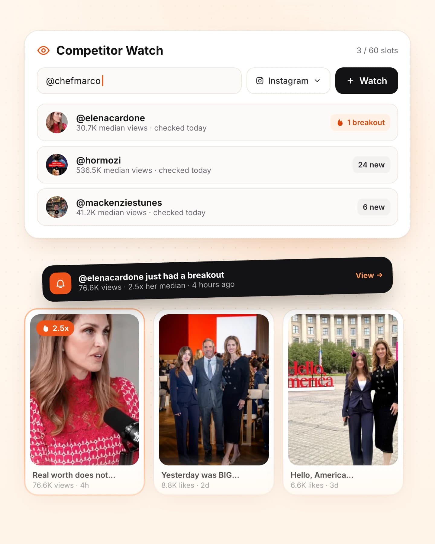 Product preview: watched competitors and a feed of their breakout videos.