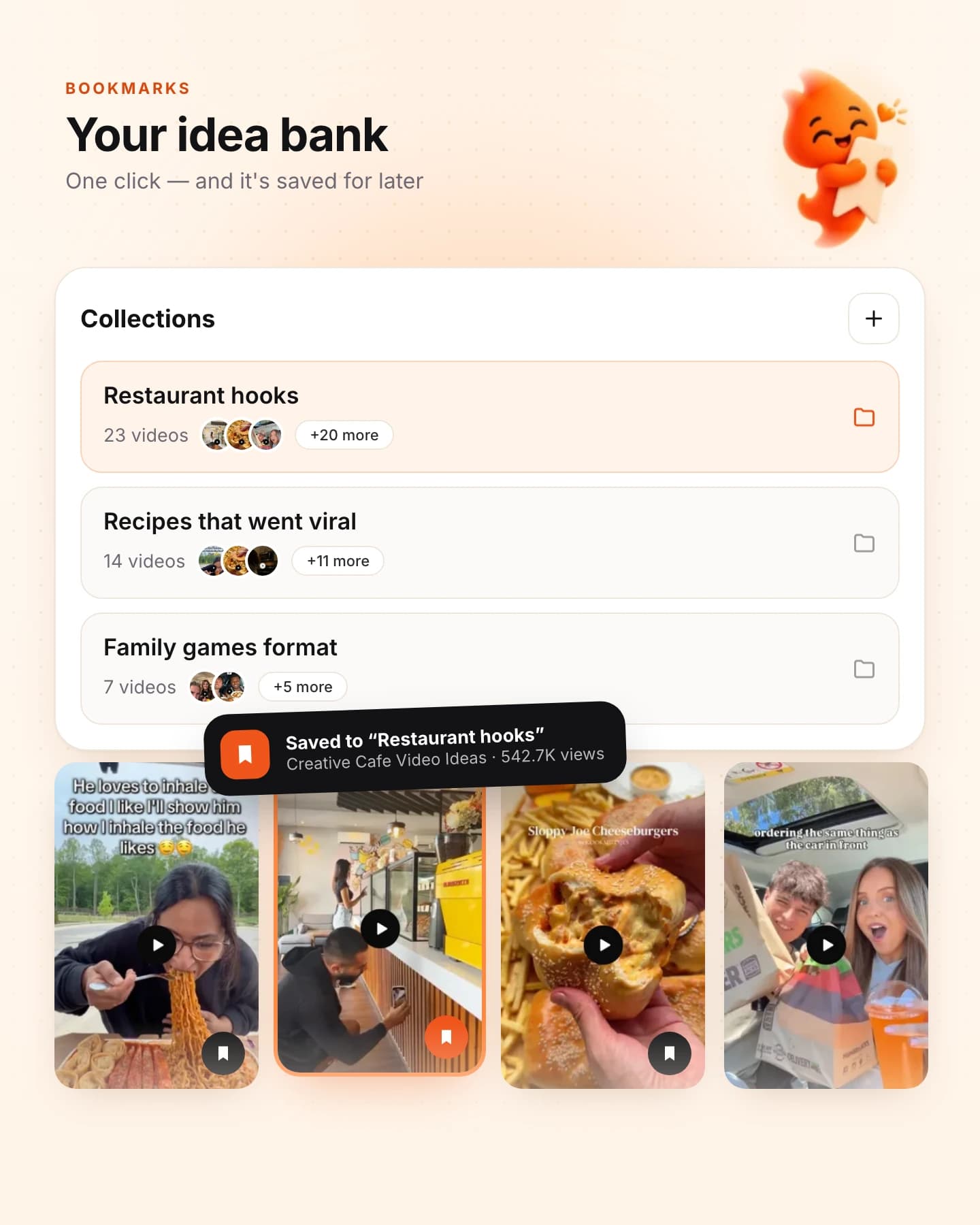 Product preview: saved short videos collected in an idea bank.