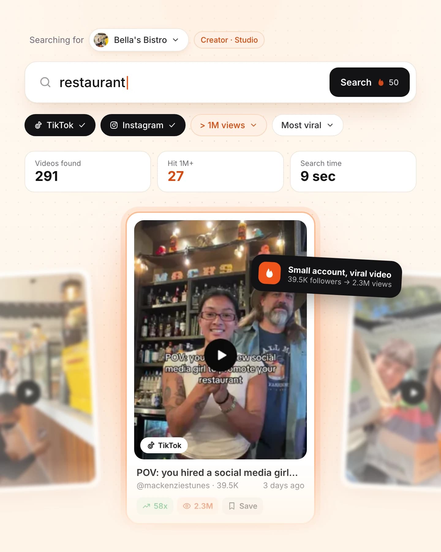 Product preview: a restaurant video search with platform filters and a standout result.