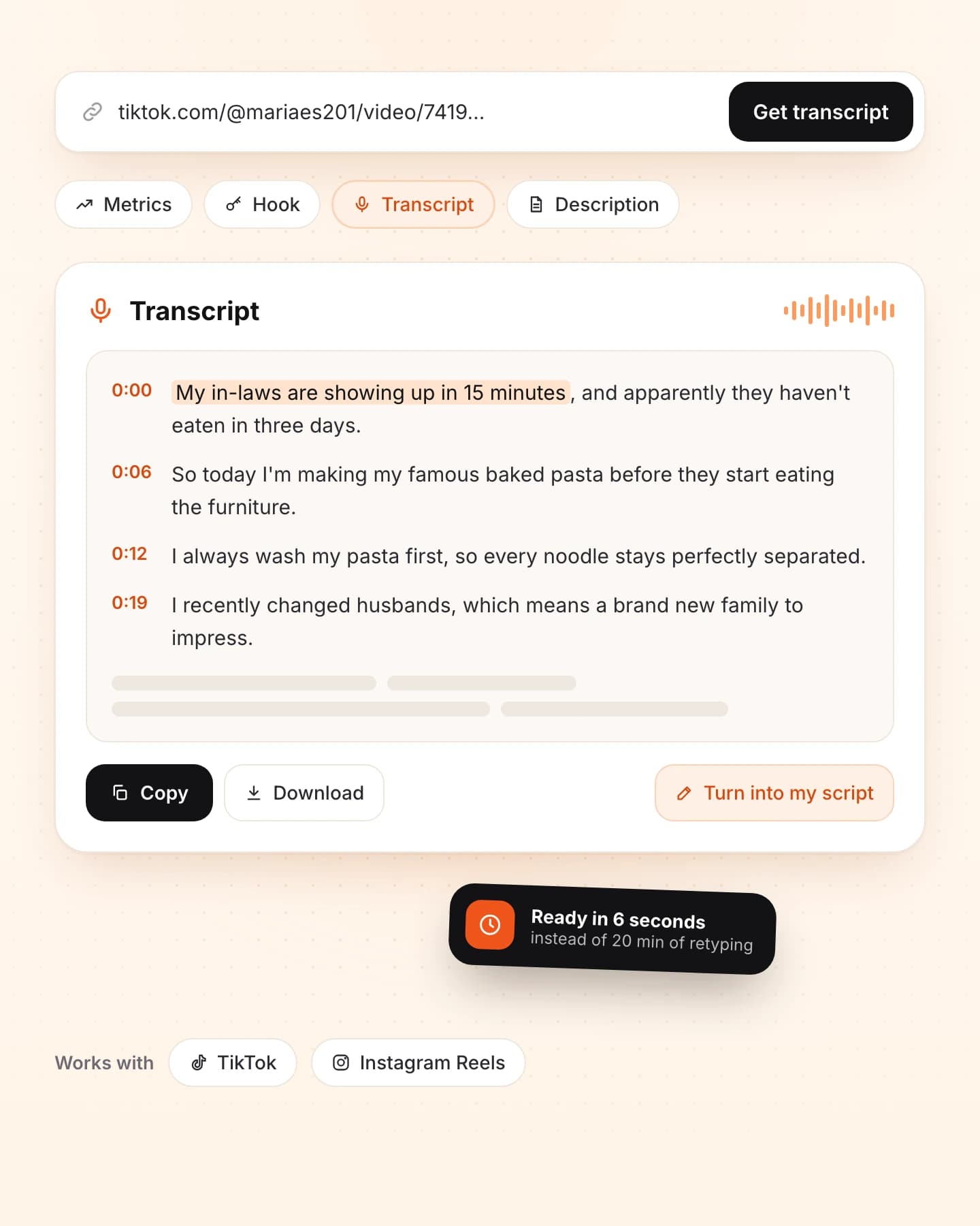 Product preview: a spoken video's transcript with timecodes.